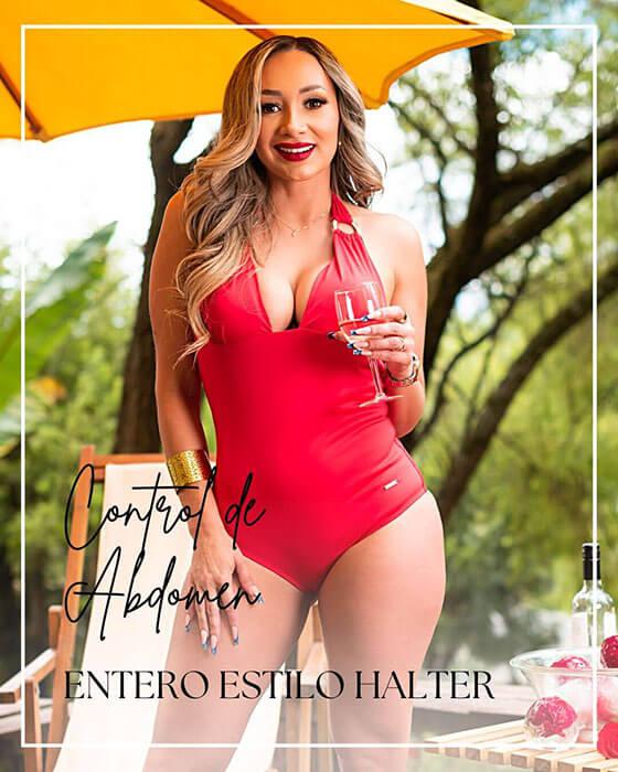 Traje de baño para gorditas entero de color rojo con cuello estilo halter